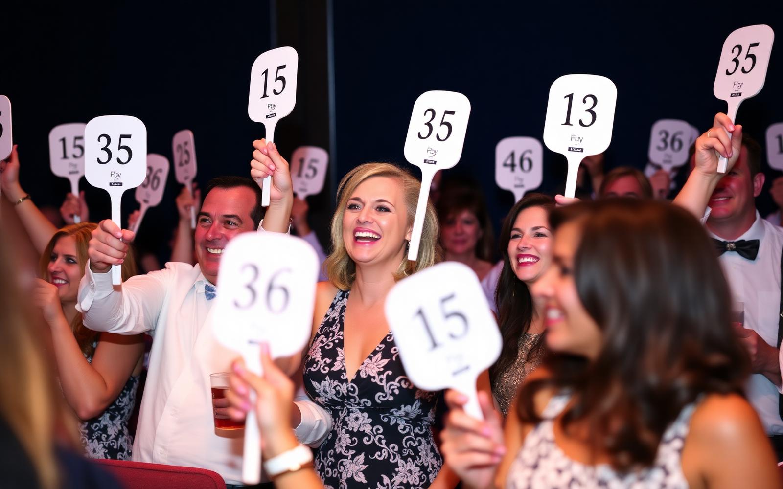 Guests raising bid paddles at a charity auction